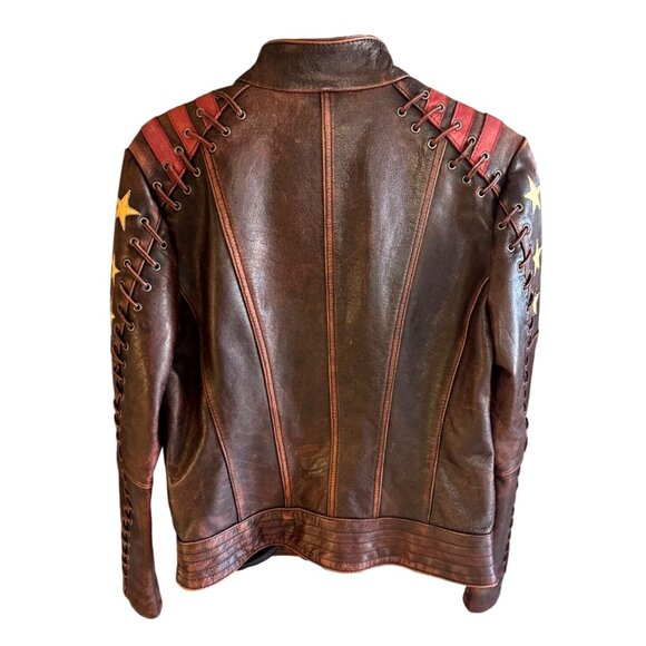 Wilsons Vintage Women USA Stars Stripes Leather Jacket Red Brown M Motorcycle - Picture 3 of 12